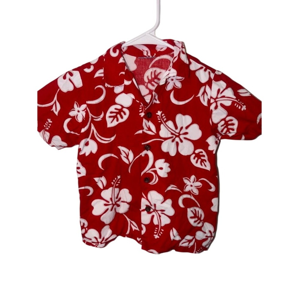 Kids Red White Hibiscus Floral Hawaiian Button Down Short Sleeve Tropical Shirt